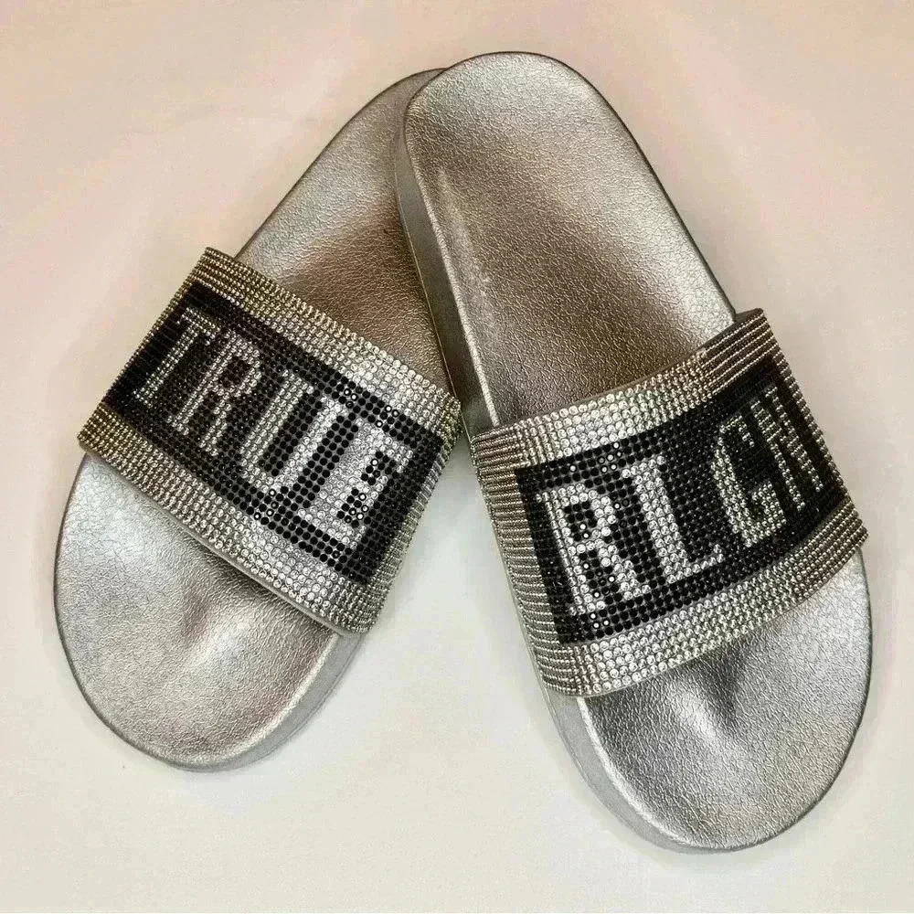 True Religion Women’s Jasmine Crystal Rhinestone Metallic  Silver Slides Size 7 - Picture 5 of 6
